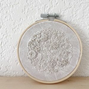 Handmade floral Embroidery in 4” wood hoop on floral fabric